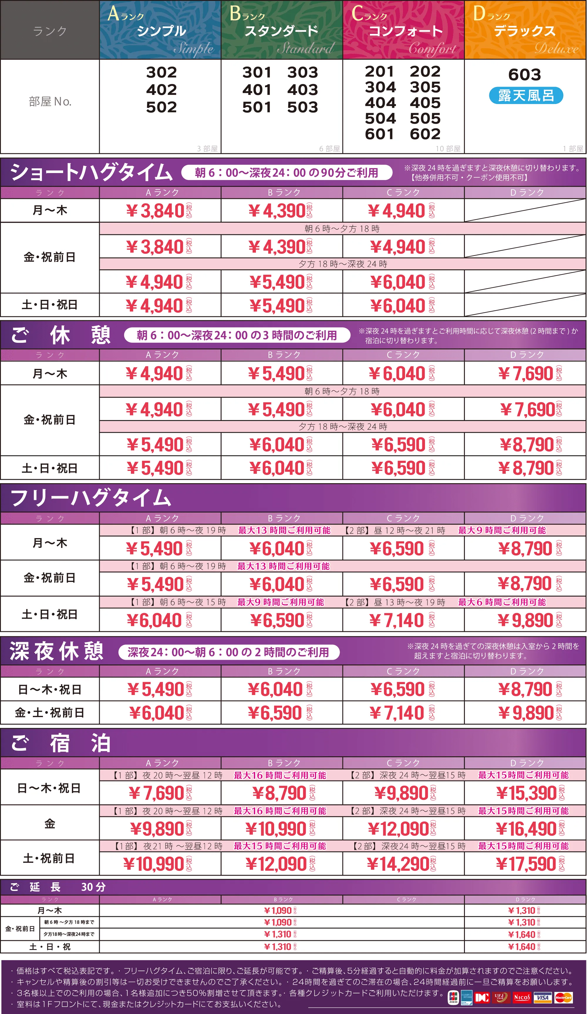 ホテルハグハグ千種料金表